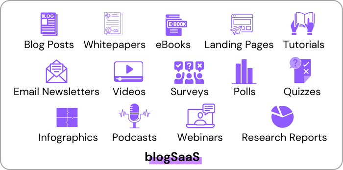 An informative graphic titled 'blogSaaS' displaying various types of content used in Software as a Service (SaaS) marketing. Icons and labels represent nine different content types: 'Blog Posts', 'Whitepapers', 'eBooks', 'Landing Pages', 'Tutorials', 'Email Newsletters', 'Videos', 'Surveys', 'Polls', 'Quizzes', 'Infographics', 'Podcasts', 'Webinars', and 'Research Reports'. Each content type is depicted with a unique icon above its label, arranged in a grid on a purple and white background, emphasizing the diverse range of materials used for SaaS content strategy.